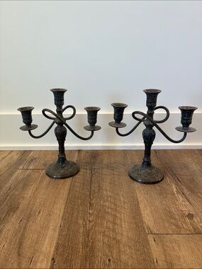 Antique Ornate Metal 3-Arm Candelabra Pair